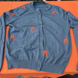 Source Unknown Blue Cardigan Sweater with Orange Embroidery